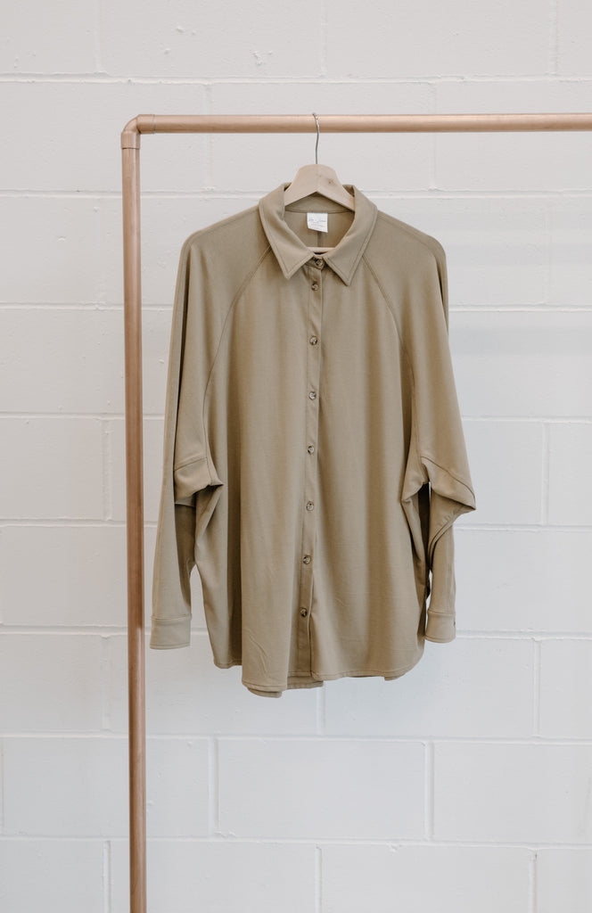 Bamboo & Organic Cotton Ladies olive green long sleeve button up top