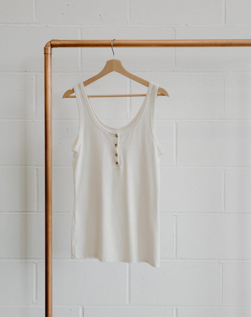Bamboo & Organic Cotton Ladies white fitted henley tank