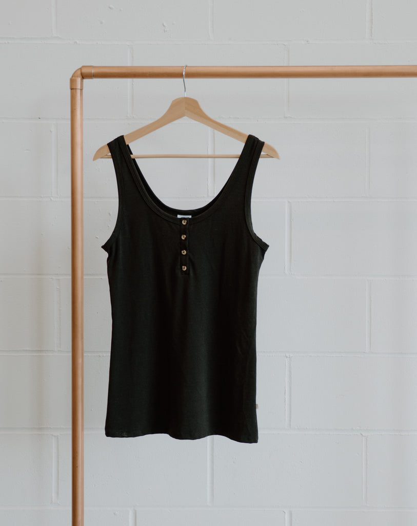 Bamboo & Organic Cotton Ladies black fitted henley tank