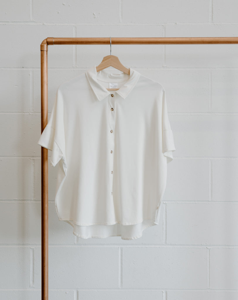 Bamboo & Organic Cotton Ladies white short sleeve button up top